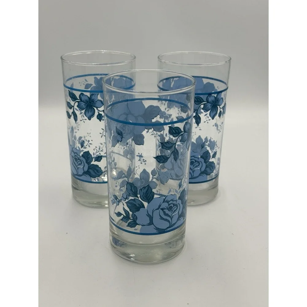 Corning Blue Velvet Tumblers Glasses Set of 3 Blue Floral 16 Oz Drinking Glasses